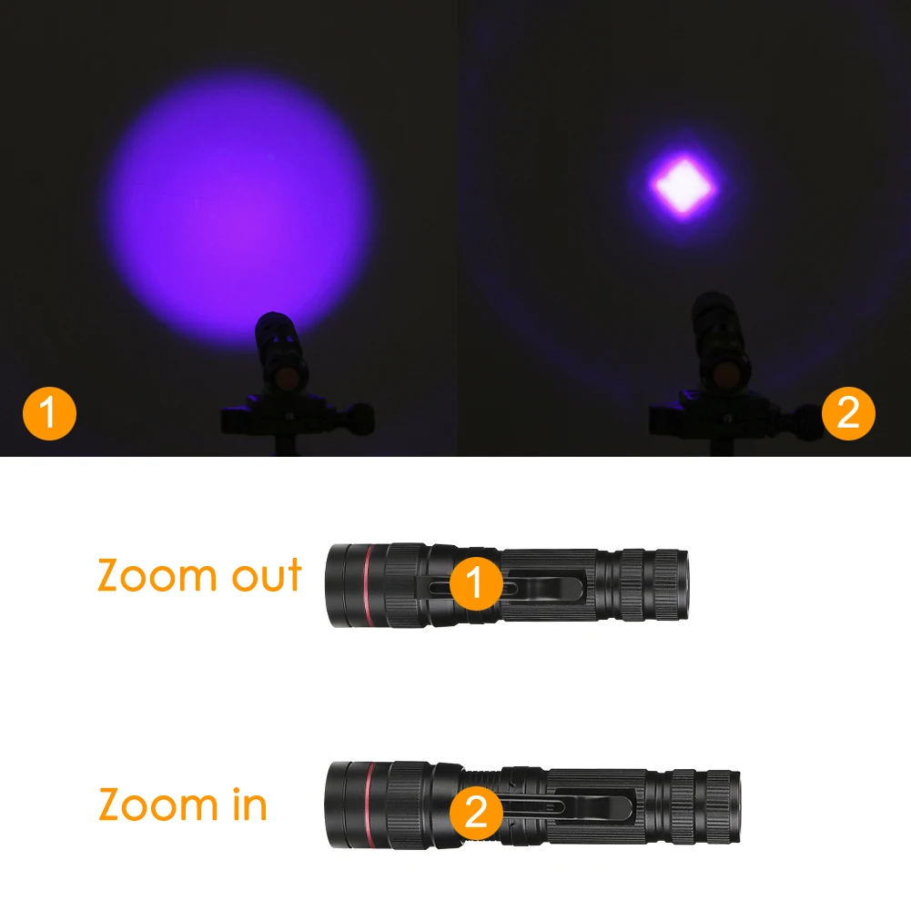 Portátil zoomable led uv lanterna 395nm roxo ultra violeta luz lempos uv tocha lâmpada aa/14500 bateria
