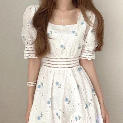 2020 Metų Vasaros Korėjos Saldus Gėlių Aplikacija Ilga Suknelė Moterims Trumpomis Rankovėmis Aikštėje Apykaklės Tuščiaviduriai Iš Aukšto Juosmens Suknelės Vestidos