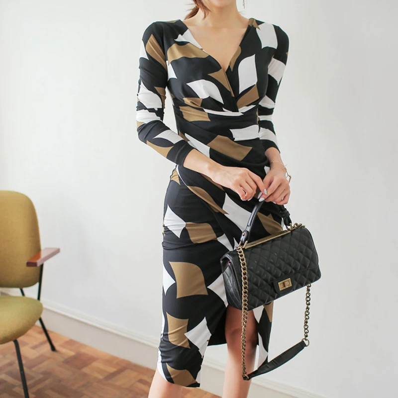 Seksualus Geometrinis Spausdinti Bodycon Suknelė Moterims Pavasario 2021 Naujas Plonas Juosmens Padalinta Bodycon Suknelės Dėvėti Į Darbą OLIS Įrengtas Vestidos