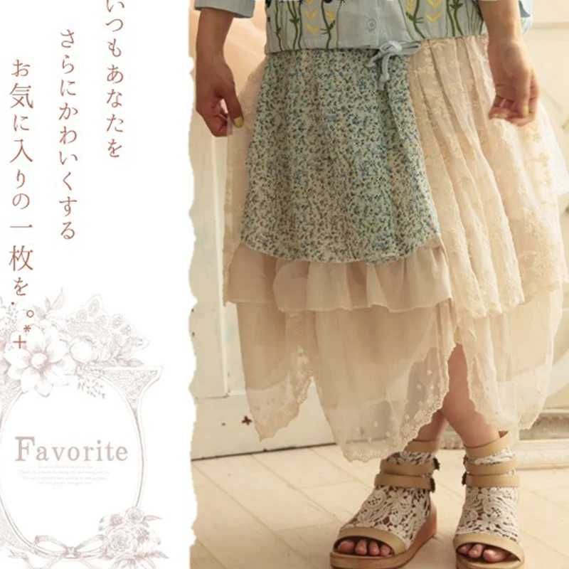 Japonijos Multi-layer Nėrinių Gėlių Susiuvimo Sijonas Moterims, Drabužiai Pasakos Medvilnės Princesė Moterų Kawaii Sijonai Mori Mergina A189