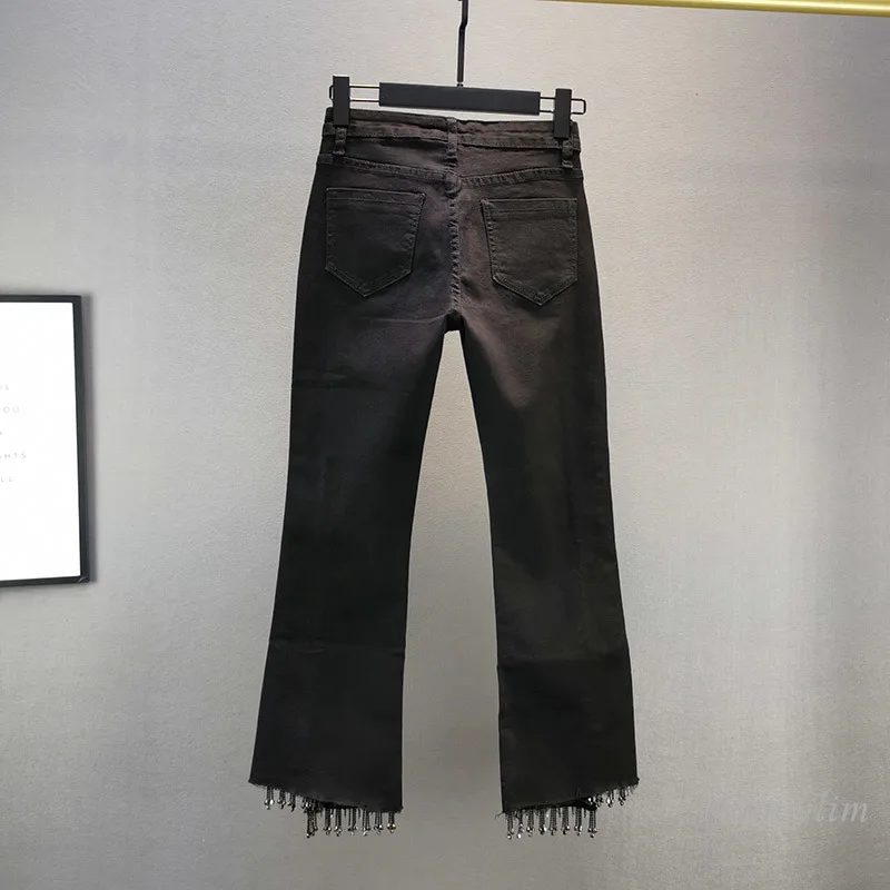 Nancylim Kristalų Tassled Džinsai Moterų Black Flare Džinsai 2020 M. Rudenį Naujų Elastinga Slim Fit Vidurio Juosmens Kelnės Lady Jean
