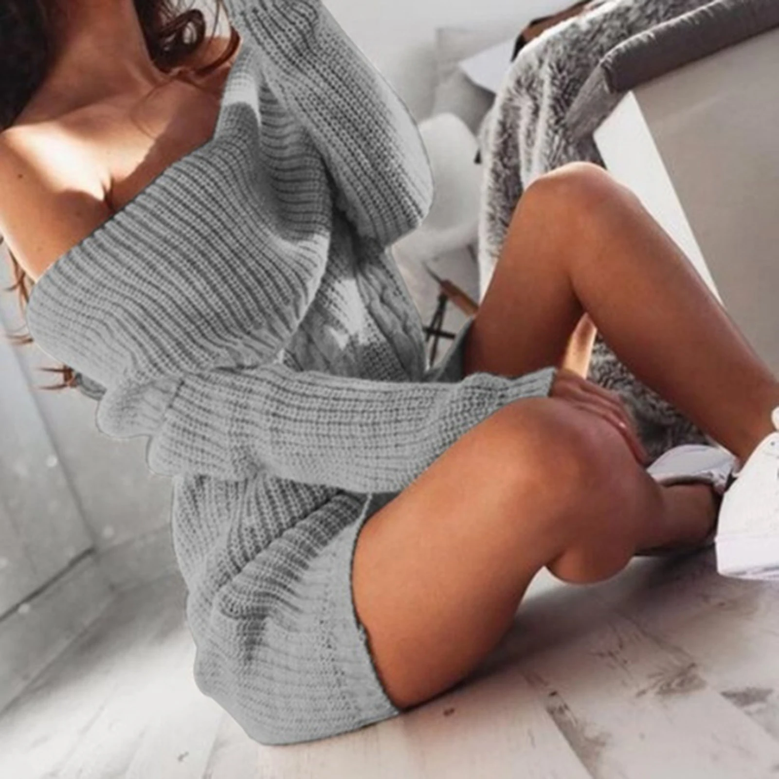 2020 m. Moteris Seksuali Rudens Žiemos vientisos Spalvos Off-Pečių ilgomis Rankovėmis Slim Mini Suknelė megzti megztinis sukneles skraiste, vestidos S-3XL