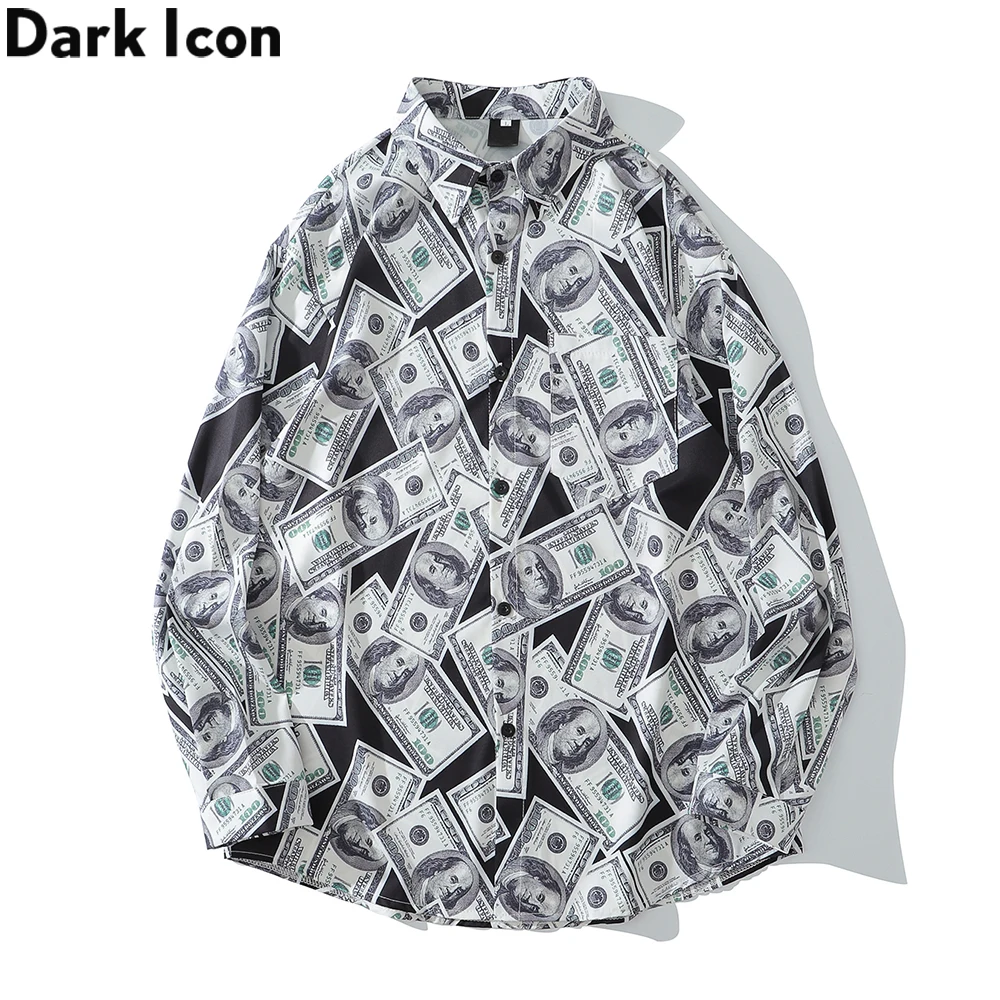 Tamsiai Piktogramą JAV Doleriais Visą Atspausdinta Marškinėliai Vyrams Turn-žemyn Apykaklės Laisvalaikio vyriški Marškinėliai Logn Rankovės Vyras Drabužiai