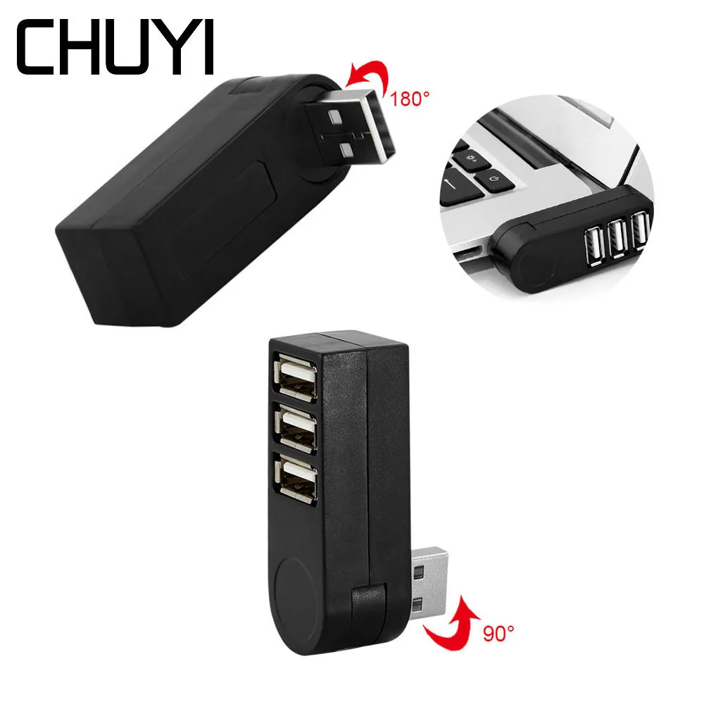 CHUYI Mini Nešiojamą USB 2.0 HUB 3 Uostų 180 Laipsnių Pasukti USB Skirstytuvo Adapteris, Skirtas Macbook Nešiojamas Kompiuteris, PC Priedai