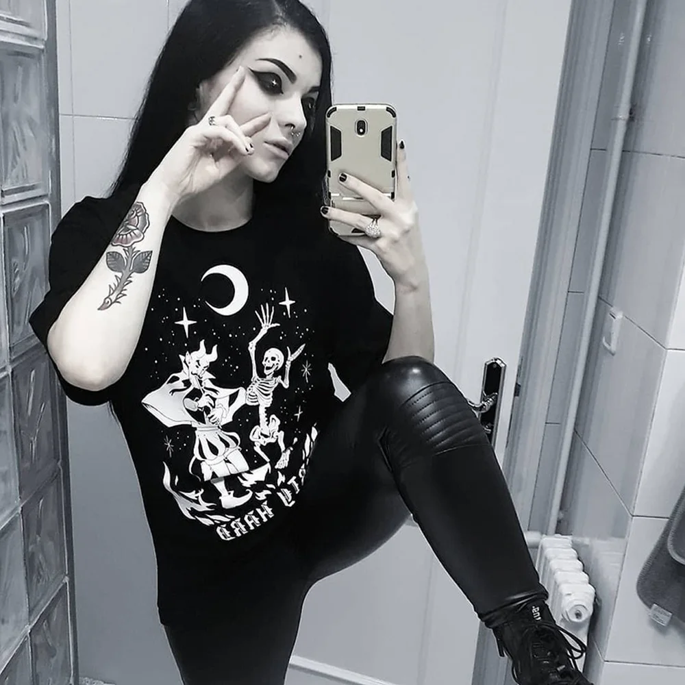 Gothic Black Tshirts Moterų Spausdinti Vasaros Mados Atsitiktinis Lady Viršūnes Tees Kaukolė Harajuku Streetwear Trumpas Rankovėmis Tee