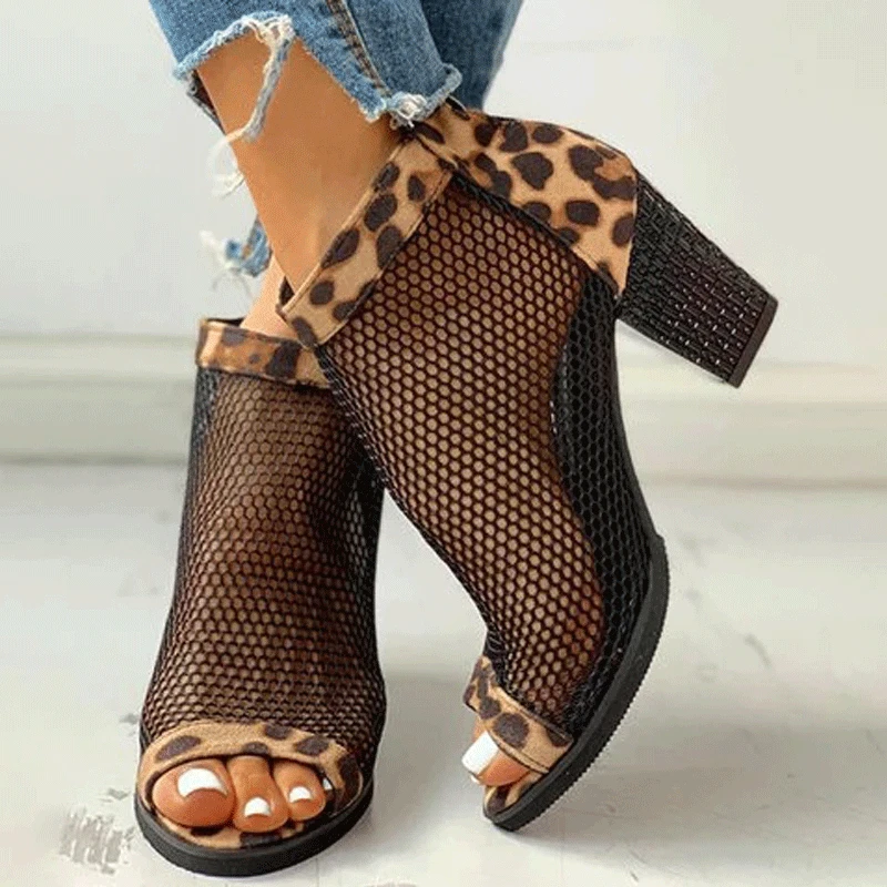 Populiarus Dizainas Vasaros Tinklelio Stiliaus Leopard Sandalai Vakarų Peep Toe Batai Moterims