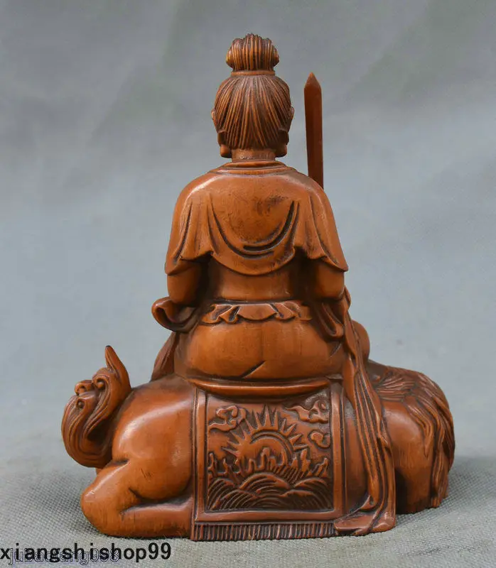 Amatų statula Kinijos Boxwood Medžio, Rankų Drožybos Wenshu Manjushri Bodhisatvos Liūto Statula