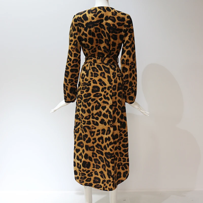 2020 Atsitiktinis Leopardas Spausdinti ilgomis Rankovėmis Šifono Suknelė Derliaus Rudenį Elegantiškas Ponios Suknelės V-kaklo, Ilgas, Maxi Padalinti Biuro Suknelė