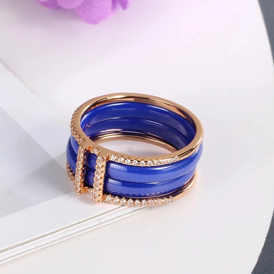 HUADIE moterų žiedas pagamintas iš keramikos, mėlyna spalva su cirkonio. Sudėtinės žiedas tris plonas žiedai bižuterijos 2021
