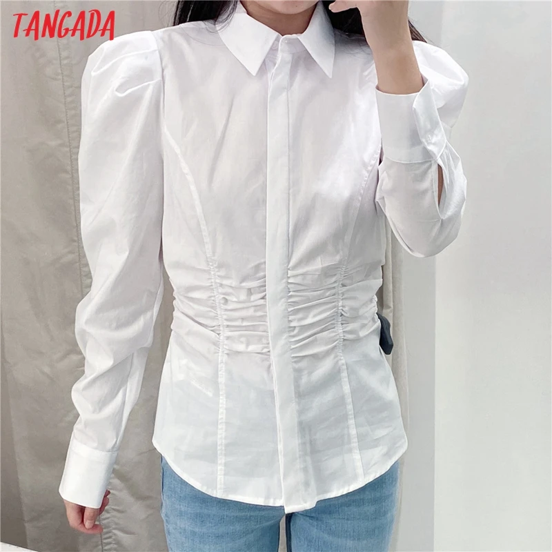 Tangada moterų baltos spalvos klostuotas tunika marškinėliai sluoksniuotos ilgomis rankovėmis kietas elegantiškas biuras ponios darbo drabužiai palaidinės QN32
