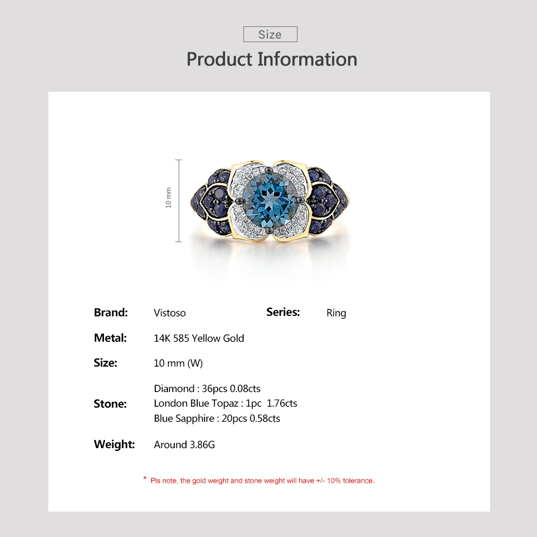 VISTOSO Aukso Žiedas Moters Grynas 14K 585 Geltonos Aukso Putojantis Natūralios London Blue Topazas Safyras, Deimantas Spalvingi Fine Jewelry