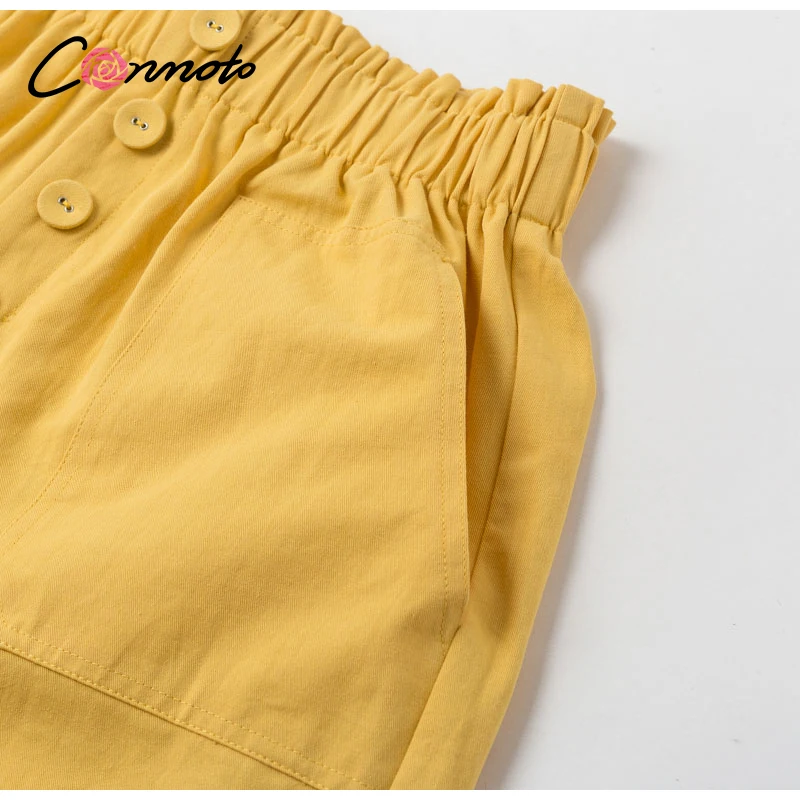 Conmoto elastinga aukštos juosmens šortai moterims atsitiktinis vasaros atostogų mygtuką šortai geltona užspaudimo streetwear kišenės šortai
