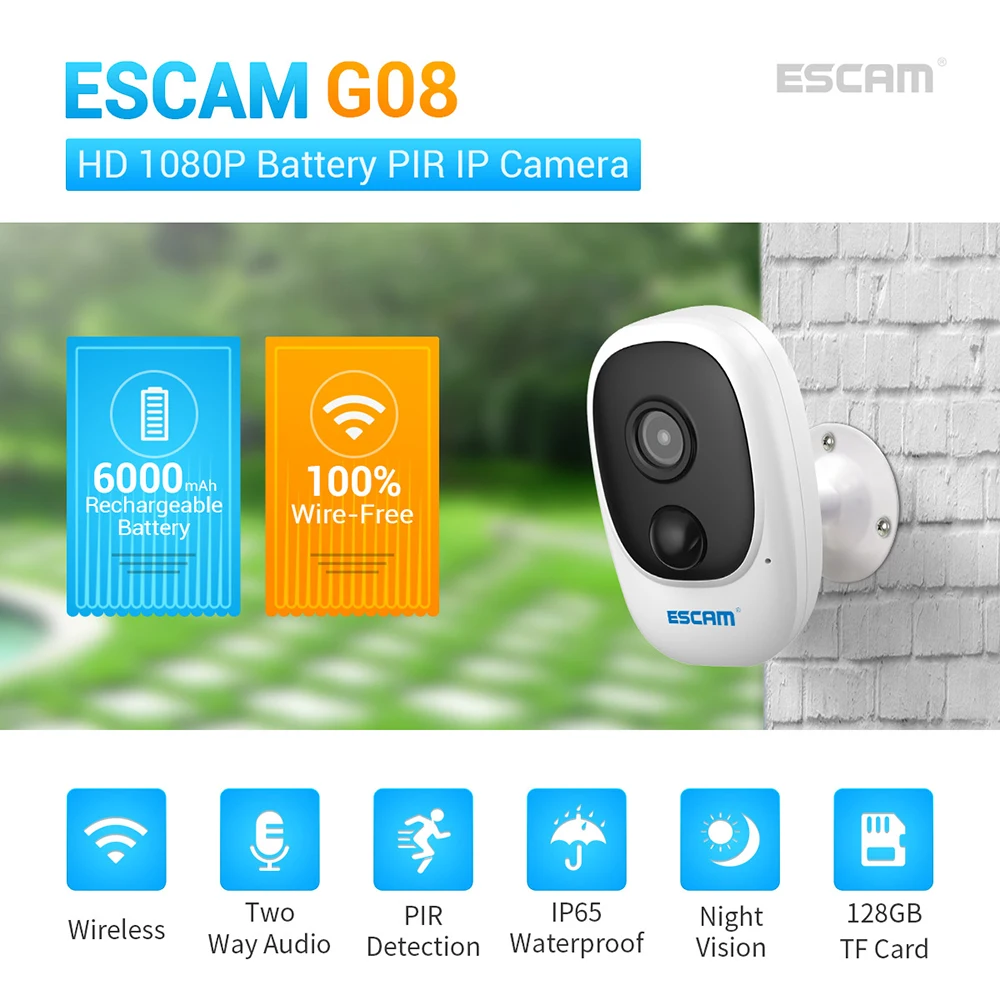 ESCAM G08 1080P Bevielio Baterijos Įkrovimo PIR IP Kameros, Saulės Skydelis Garso plokštė Saugykla Debesyje, Apsaugos Vaizdo įrašymas
