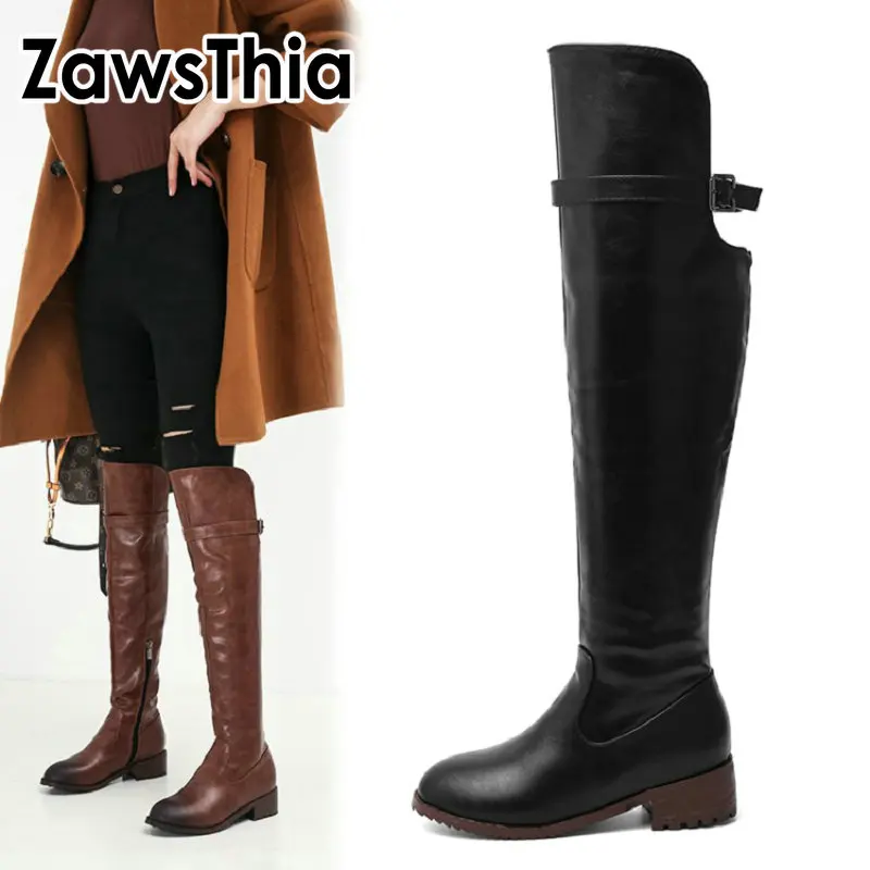 ZawsThia 2020 m. moters žiemos batai stambusis mažai aukštakulniai juodos rudos PU moterų pankiškas žirgų jojimo batai patogūs, laisvi knee-high batai
