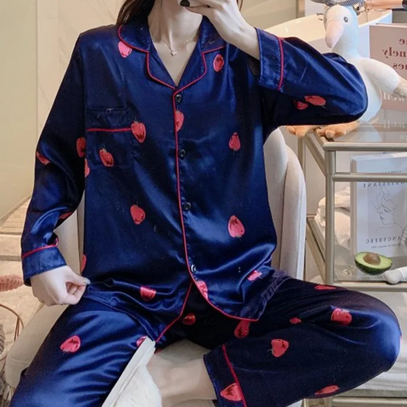 2021 M. Pavasarį Šilko Satino Pižama Nustatyti Moteris Spausdinti Ilgomis Rankovėmis Sleepwear Pijamas Kostiumas Moterų Miego Dviejų Dalių Loungewear Plius Dydis