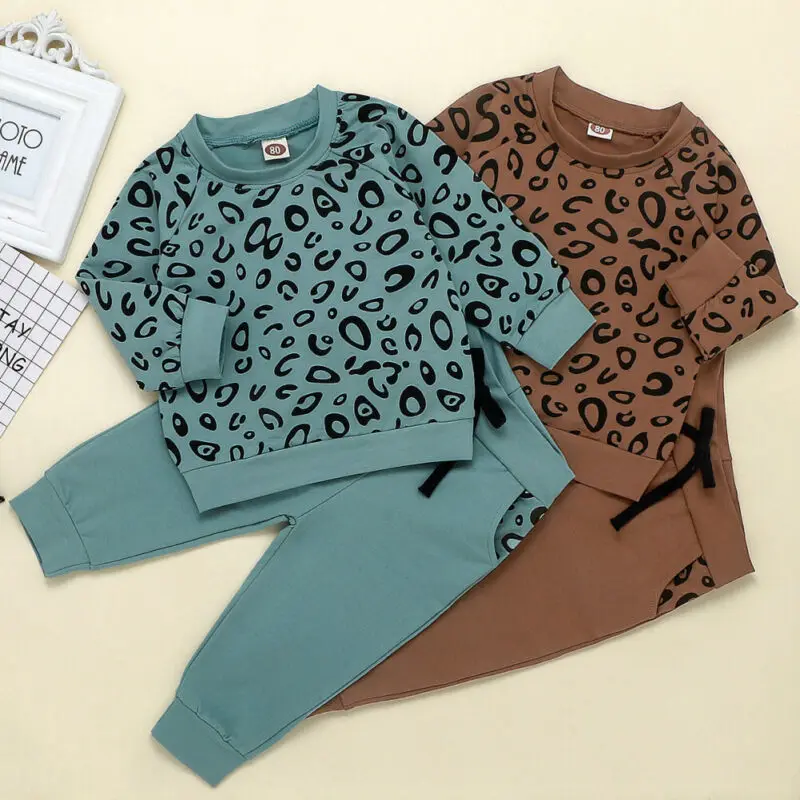 UK 2VNT Vaikams Baby Girl Berniuko Drabužių Leopard Viršūnės T-shirt Antblauzdžiai Kelnės Drabužius Tracksuit 0-4T
