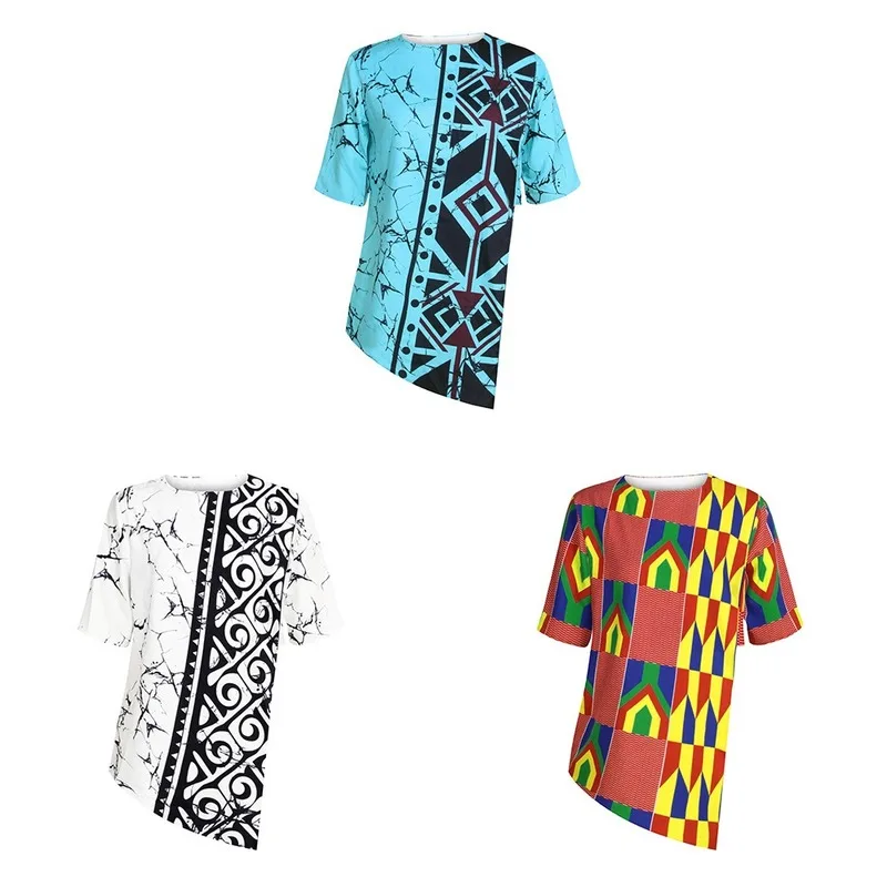 Vasarą Moterys Afrikos Drabužius Nesimetriškas Afrikos Spausdinti Laisvi marškinėliai Afrikos Moterų Drabužių Mados heidi bazin Tees Viršūnes Panele Vasara