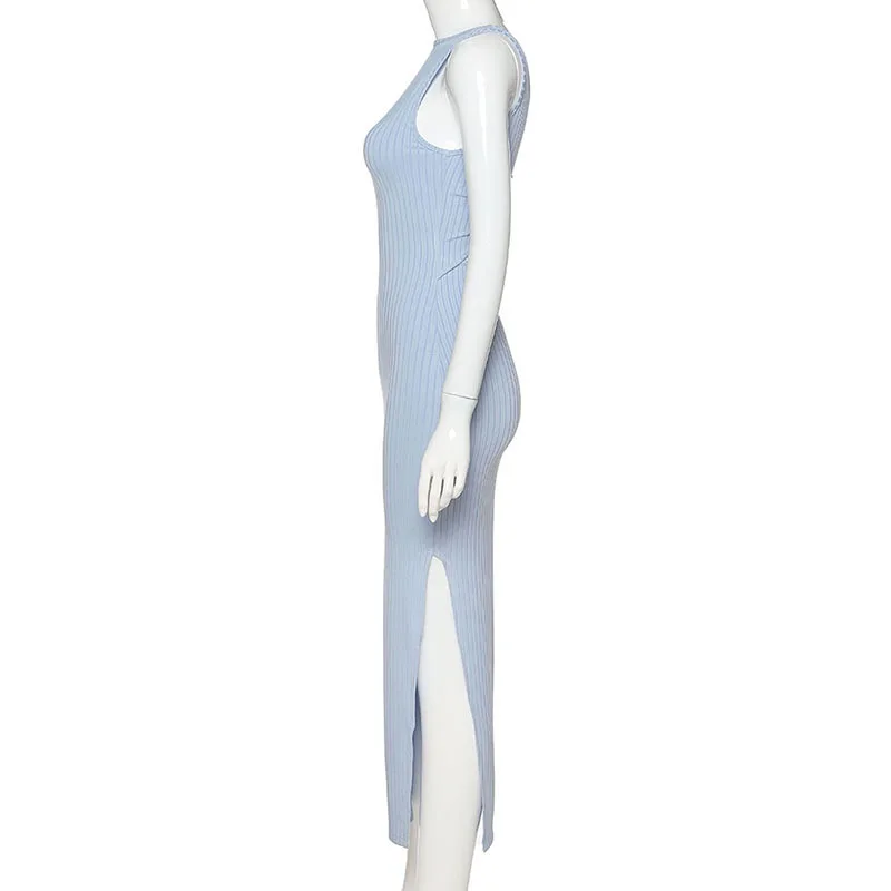 Vasaros rankovių megzti maxi suknelė Moterims bodycon backless mazgas padalinta sundress Mėlyna/juoda moterų suknelė 2020 m.
