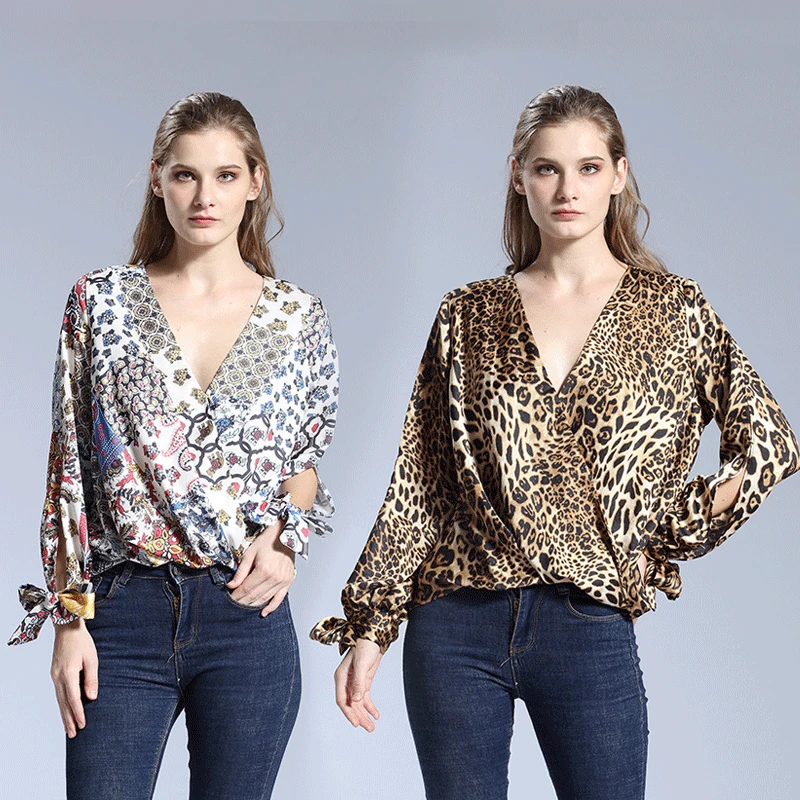 Leopard Pledas Šifono Top Four Season Long Sleeve Top Moterų Ilgas Rankovėmis Marškinėliai