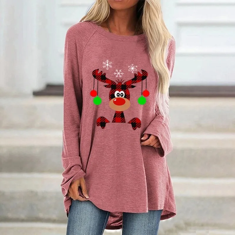 Kalėdų Spausdinti Marškinėliai Moterims T-Shirt Negabaritinių Atsitiktinis Palaidų Ilgomis Rankovėmis Viršūnes Moterų Megztinis Plius Dydžio Netaisyklingos Hem Marškinėlius
