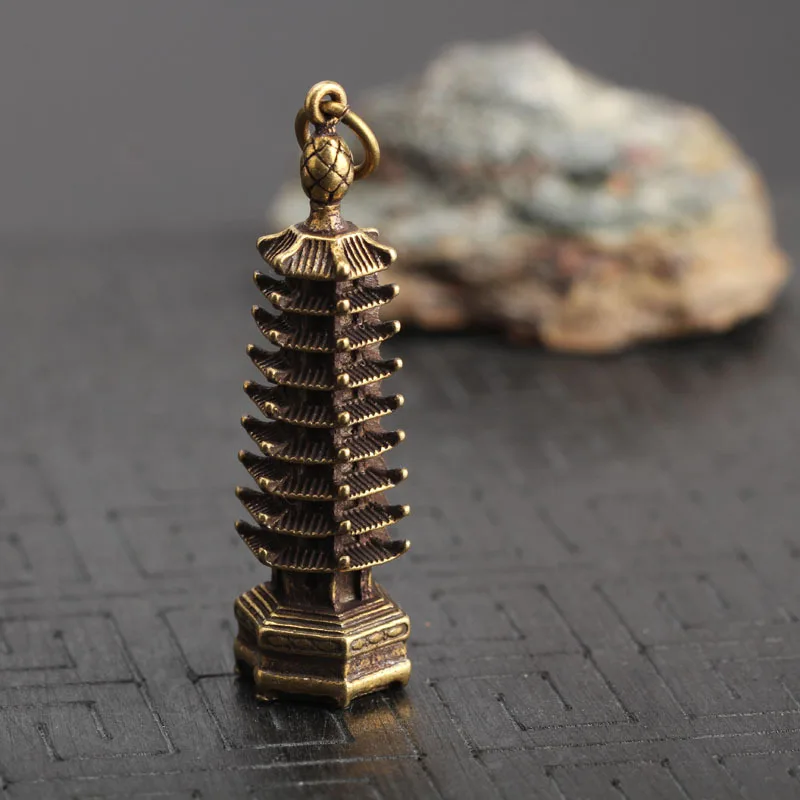 Mini Retro Brass Senovės Kinų Pagoda Bokštas Statula Key Chain Automobilių Pakabukas Namų Biuro Stalas Dekoravimas Ornamentais