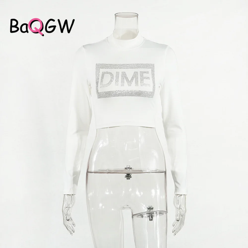BaQGW Diamond Laiškas Spausdinti apykaklėmis Moteris Slim Baltos spalvos Marškinėlius Apkarpyti Viršūnes Harajuku Šalies Pasėlių T Shirt Ladies Long Sleeve T-shirts