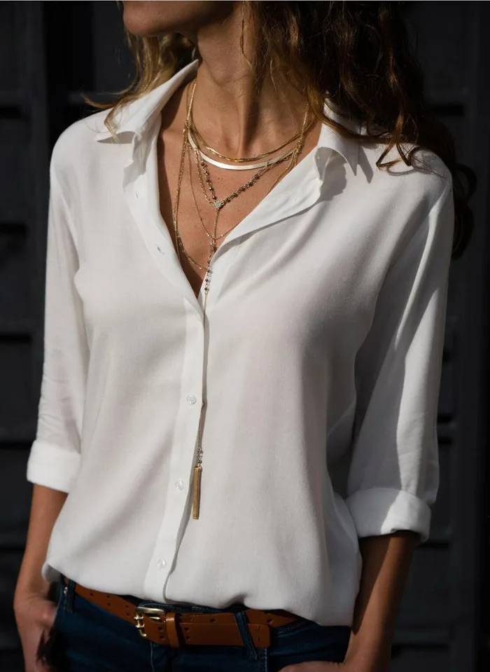 Moterų Baltos Palaidinės Pagrindiniai Pardavimo Mygtuką Kietas 2020 metų vasaros ilgomis Rankovėmis Marškinėliai Moteriška Šifono Moterų Slim Drabužiai Plius Dydis Viršūnės