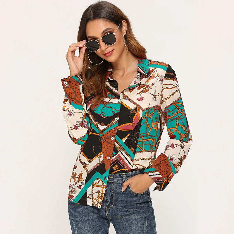 HiloRill Moterų Grandinės Spausdinti Palaidinės 2020 Prarasti Atsitiktinis Ilgomis Rankovėmis Vintage Marškinėliai Pasukite Žemyn Apykaklės Office Marškinėliai Moterims Blusas