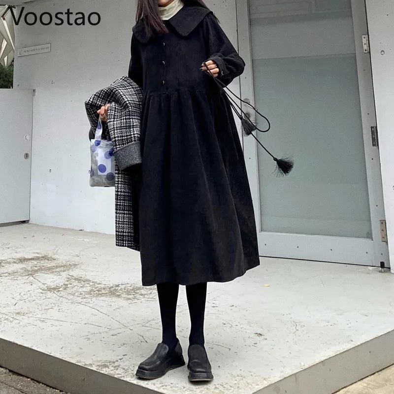 Rudenį Moterų Japonijos Gotikos Tamsiai Lolita Suknelė Vintage Preppy Saldus Mergina Peter Pan Apykaklės Nėriniai-Up Šalis Suknelė 