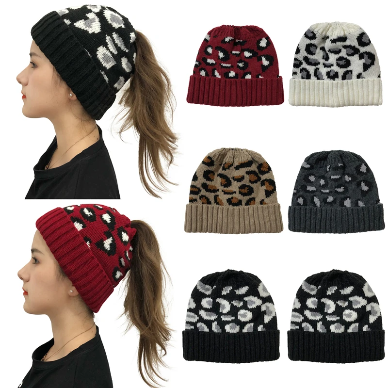 Mezgimo Vilnos Moterų Žiemos Beanie Skrybėlių Leopard Printted Šiltą Kepurę Minkštas Ponios Reguliuojamas Plaukai Surišti Į Uodegą Beanies