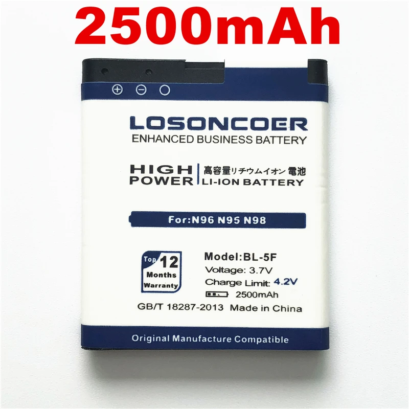 Originalus LOSONCOER 2500mAh baterija BL-5F Aukštos Kokybės Baterija Nokia 6210S N96 N98 E65 6710N N93i 6210 N95 6290 Baterija
