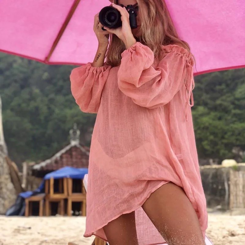 2019 m. Vasarą off peties paplūdimio suknelė moterims padengti iki ilgomis rankovėmis bikini Sarongas tunikas moterims padengti-ups, kaftan Chalatas de plage