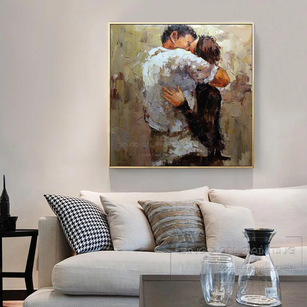 Puikus Menininko Ranka-dažytos Aukštos Kokybės Porą Hugging ir Bučiavosi Naftos Tapyba ant Drobės Meilužio Portretas Peilis Naftos Tapyba