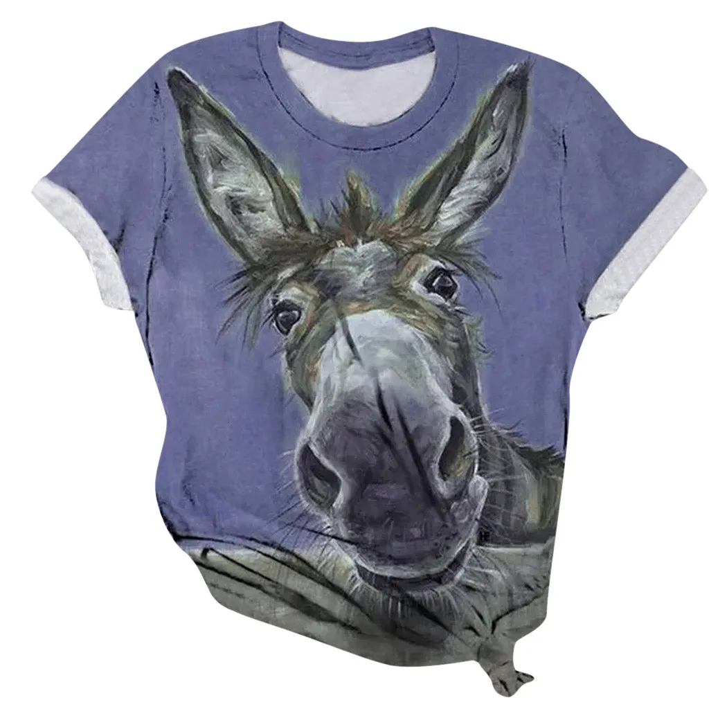 Moteriški Marškinėliai Trumpas Rankovėmis 3d Gyvūnų Donkey Spausdinami O-Kaklo Viršūnes Marškinėliai, Blusas Plius Dydis Harajuku