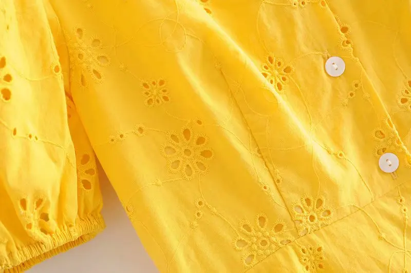 Vasarą balta geltona medvilnės mini suknelės tuščiaviduriai iš išsiuvinėti vasaros suknelė trumpomis rankovėmis v-kaklo, vestidos