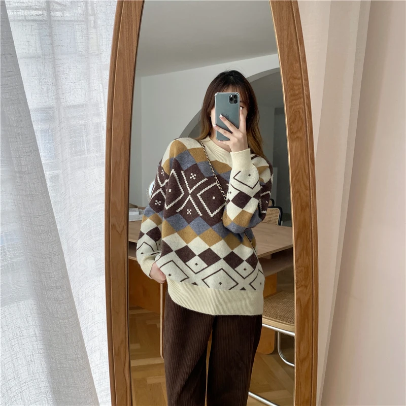 Rudenį Moterų Megzti Megztinis, Vintage Geometrinis Rhombic Megztinis 2020 Atsitiktinis Ilgomis Rankovėmis O-Kaklo Elegantiškas Viršutiniai Drabužiai Viršūnės