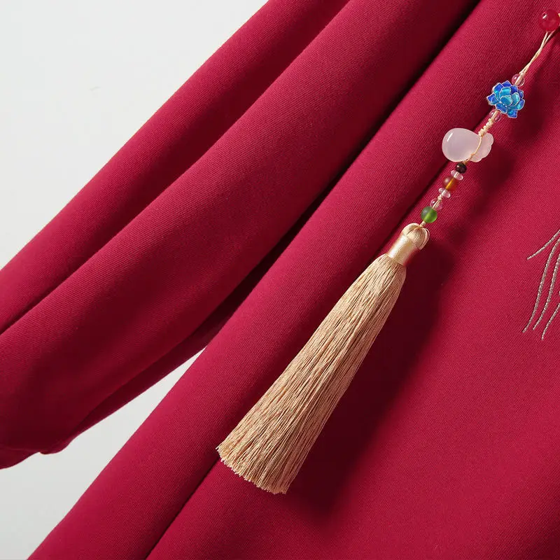 2021 M. Rudens Žiemos Naujas Kašmyro High Waisted Palaidinukė Suknelė Plonas Paprasta Raudona Plius Dydis Atsitiktinis Moterų Kinų Stiliaus Vestidos