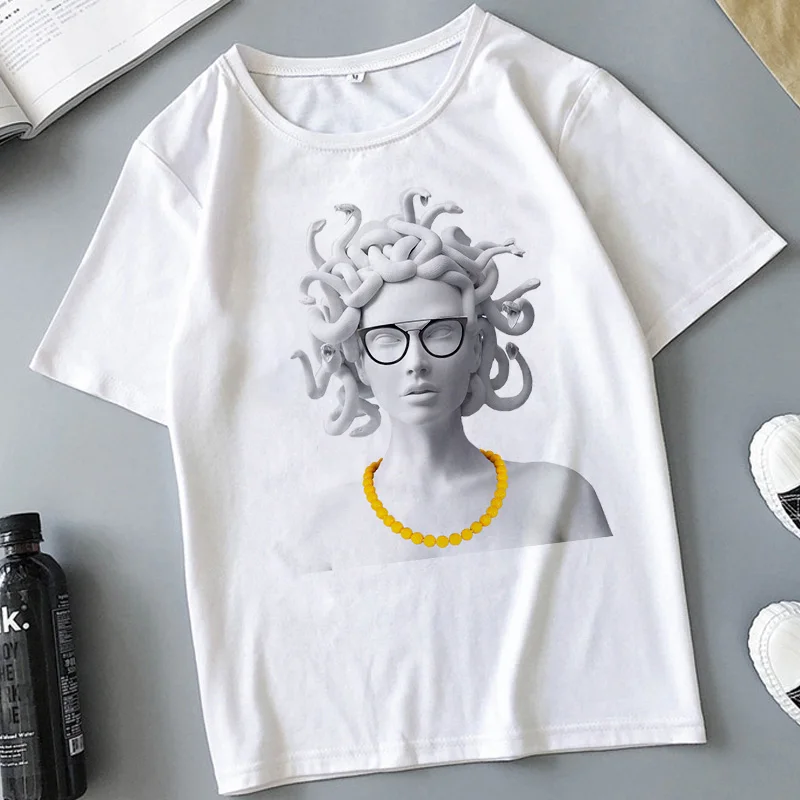 Įdomus Gyvatės Galva Moterų Monstras Medusa Atspausdintas T-shirt Vasaros moterų Atsitiktinis Baltos spalvos Marškinėlius Harajuku Vintage mados viršūnes marškinėliai