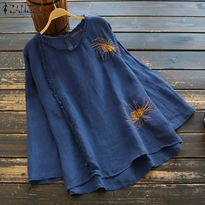 Rudenį Ilgai Ruffles Rankovėmis Marškinėliai ZANZEA Moterų Medvilnės, Lino Palaidinė Atsitiktinis Siuvinėjimo Viršūnes Tunika Vintage Blusas Chemise Plius Dydis