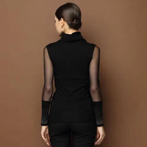 M-3XL Seksualios Nėrinių Viršūnės Rudenį 2019 blusas naujas Slim Plus size nėrinių Marškinėliai ilgomis rankovėmis Atsitiktinis marškinėliai zawalcowany ažūrinės figūrinių Moterų drabužiai