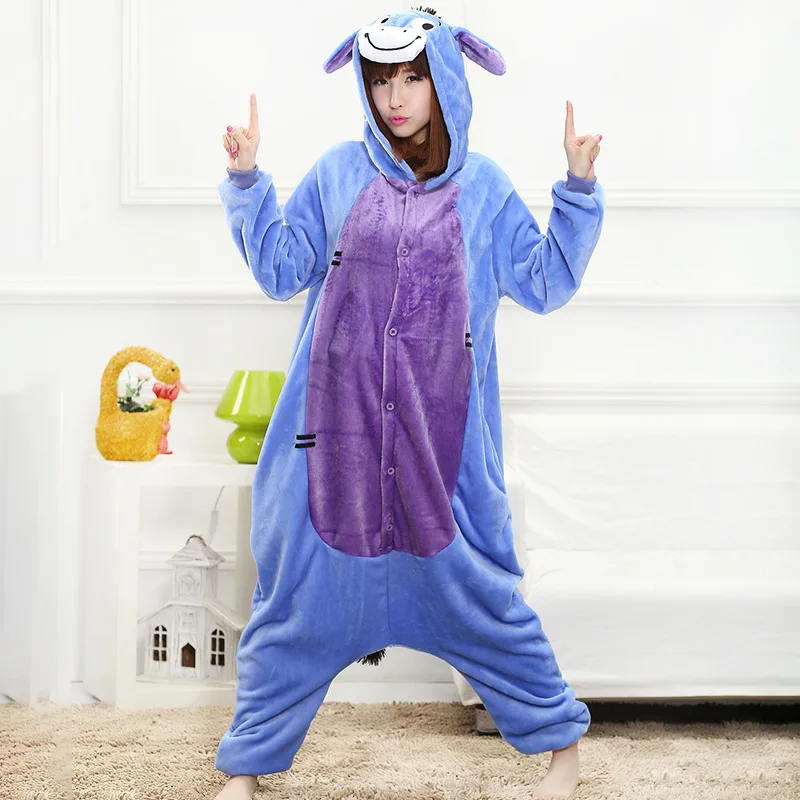 Anime Cartoon Eeyore Onesie Moterų Gyvūnų Donkey Kigurumis Mėlyna Juokingas Mielas Namų Jumpsuit Žiemos Sleepwear Šiltas Pajama Bendras