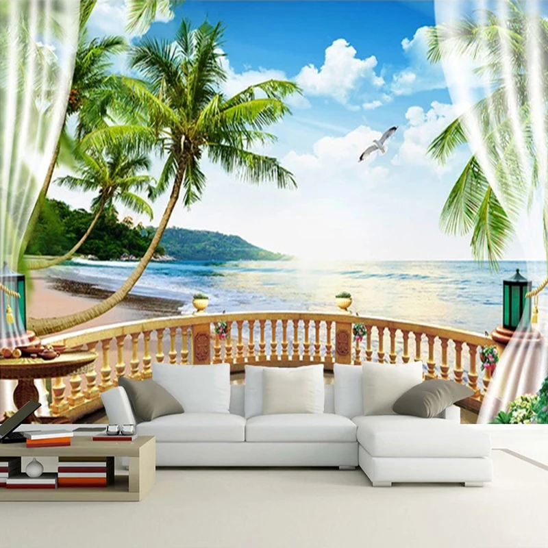 Custom 3D Plakatas Foto Tapetai, Užuolaidos Balkonas Pajūrio Palmių Paplūdimys Kraštovaizdžio Sienos Freskos Kambarį Valgomasis Apdaila