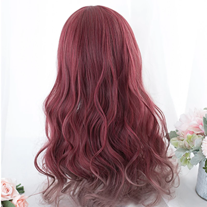 Japonų Stiliaus Kasdien Lolita Cosplay Perukai Aukštos temperatūros Pluošto, Sintetinių Plaukų Raudona ilgųjų Bangų Banguoti Plaukai+ nemokamas perukas ju