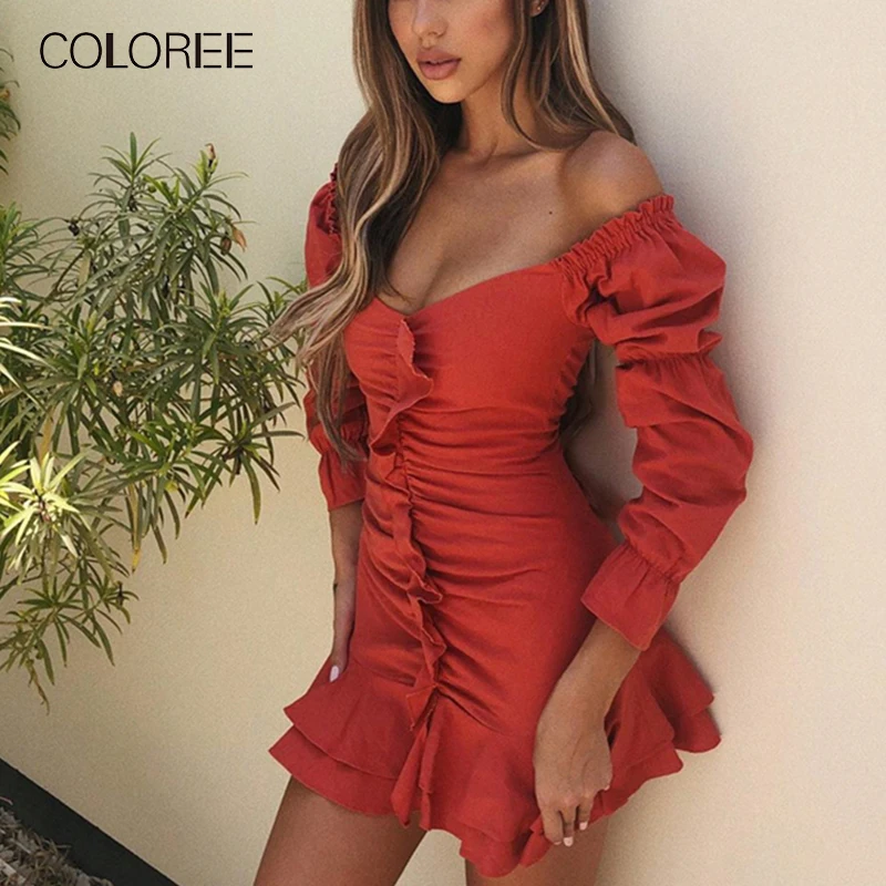 COLOREE 2019 m. Rudenį Sexy V Kaklo Moterų Mini Suknelė Raudona Balta Raukiniai ilgomis Rankovėmis Moteriška Suknelė kilimo ir tūpimo Tako Dizaineris Atsitiktinis Suknelė Vestido