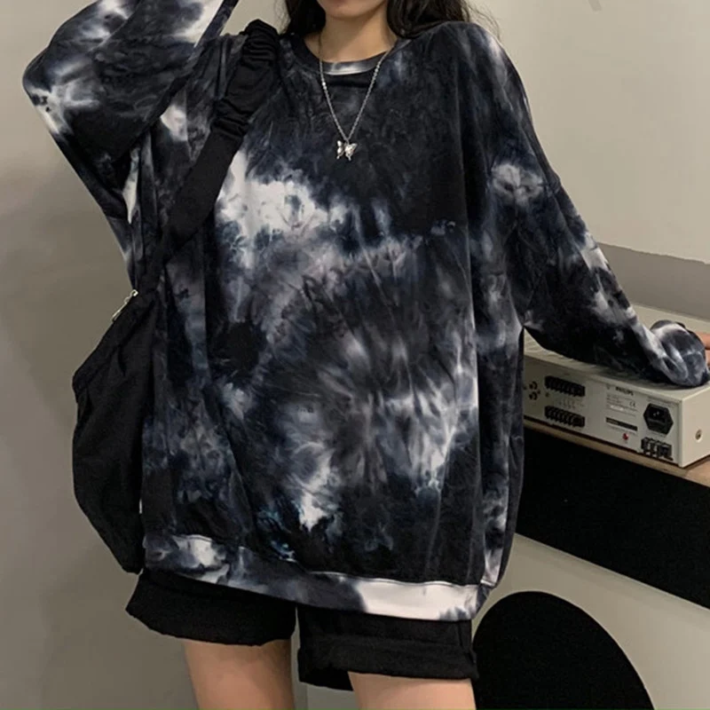 Moterų Boyfriend Stiliaus Hip-Hop Negabaritinių O Kaklo Kaklaraištis Dažų Atsitiktinis marškinėliai Laisvas Megztinis Streetwear Tee Viršuje 2021 NAUJAS