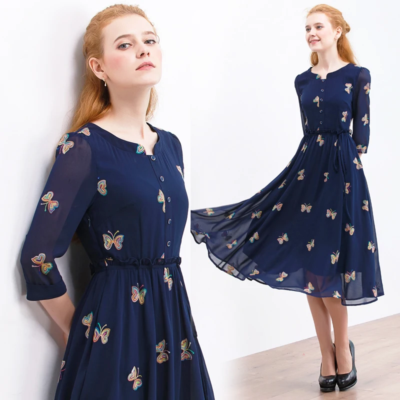 HELIAR 2019 m. Vasaros Moterų Suknelė Pusė Rankovėmis Mėlyna Šifono Suknelė Moterų Mygtuką Minkštas Šifono Drugelis Spausdinti Suknelė Moterims