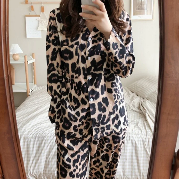 2020 m. Rudenį Naujų korėjos Prašmatnus Loungewear ilgomis rankovėmis, Leopardas spausdinimui Sexy Namų Drabužiai Pižama Dviejų dalių Kostiumas Moterų Medvilnės Pižama