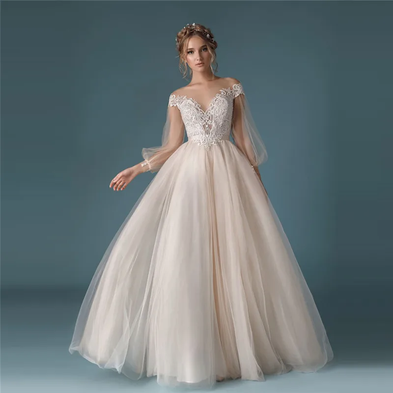 Vestidos De Mariage 2021 Minkštas Tiulis Ilgomis Rankovėmis, Vestuvių Suknelės, Nėriniai Appliques Vestuvinės Suknelės Nėriniai Atgal Nuotaka Dėvi Princesė