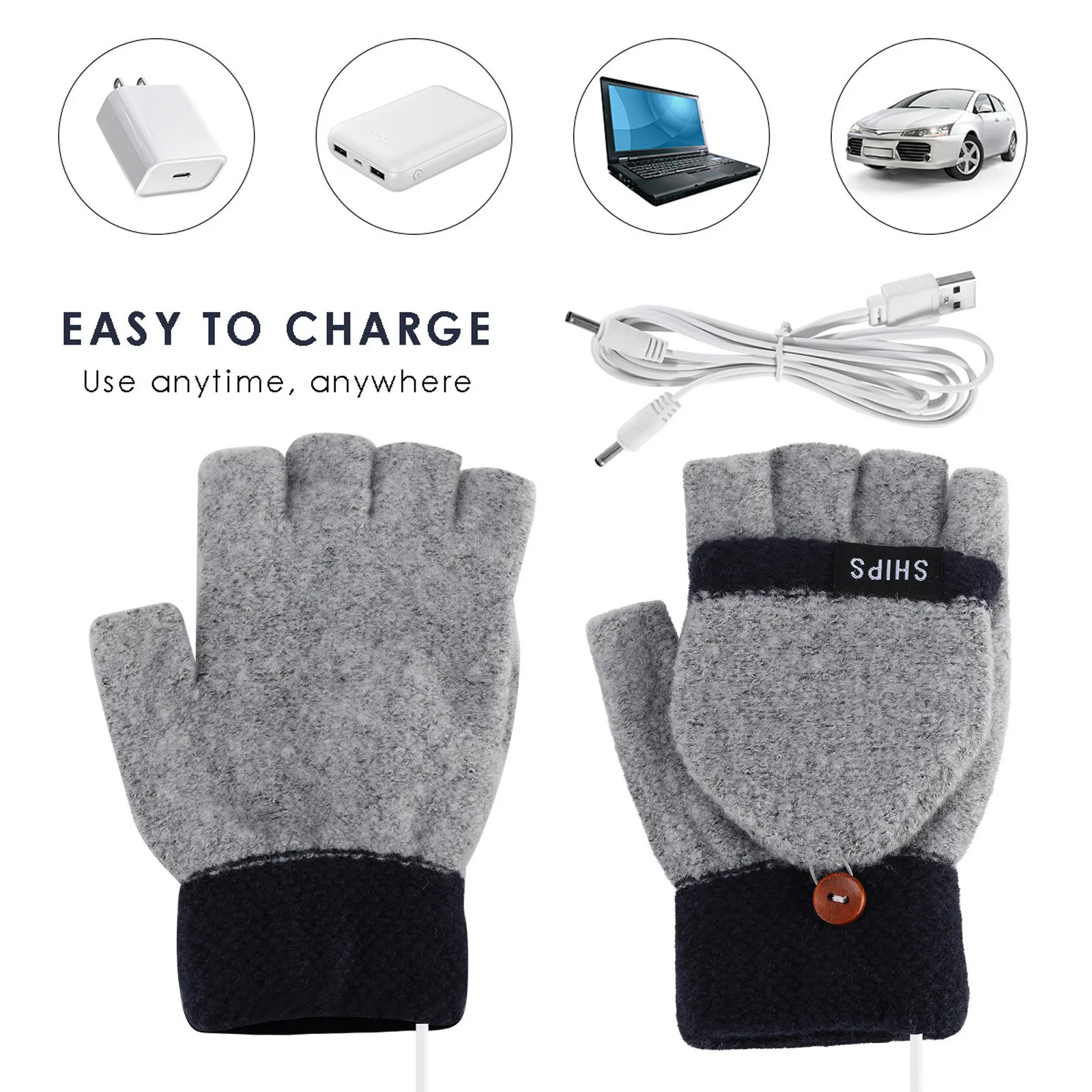 Nešiojamasis kompiuteris ponios ir vyrų USB šildomos pirštinės visą pirštą ir pusę piršto žiemos vientisos spalvos šilta megzta rankų pirštinės