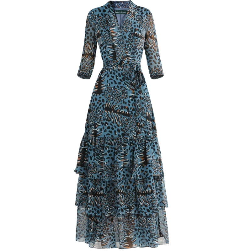 Aukštos Kokybės Moterų Mados Šifono Leopardas Spausdinti Ilga Elegantiška Suknelė 2020 V-kaklo, Ponia Pasakų Susiėmę Maxi Ilga Suknelė